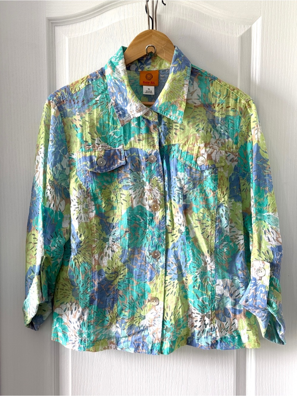 Ruby Rd. Crop Button Up Floral Shirt Jacket Aqua Eyelet Roll Tab Sleeve Size 16